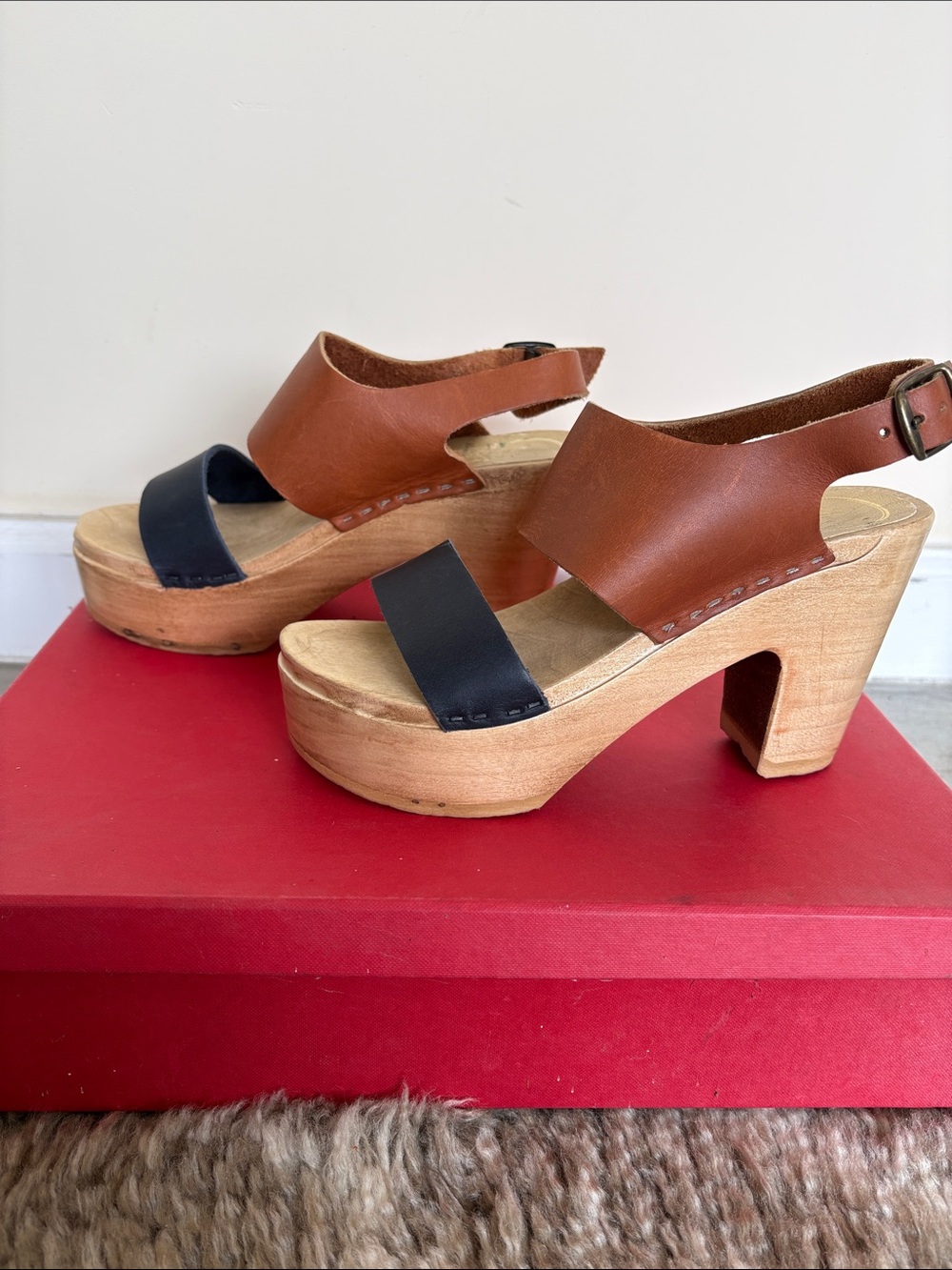 No.6 blue and brown Leather heeled clog Sandals - Black & Brown